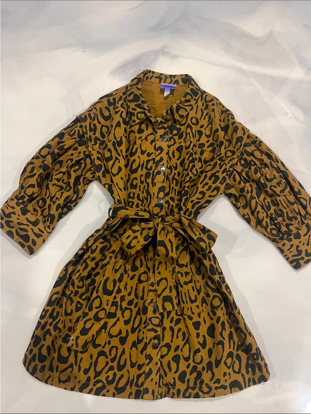 Leopard-Print Mustard Button-Front Jean Jacket with Self-Tie Waist